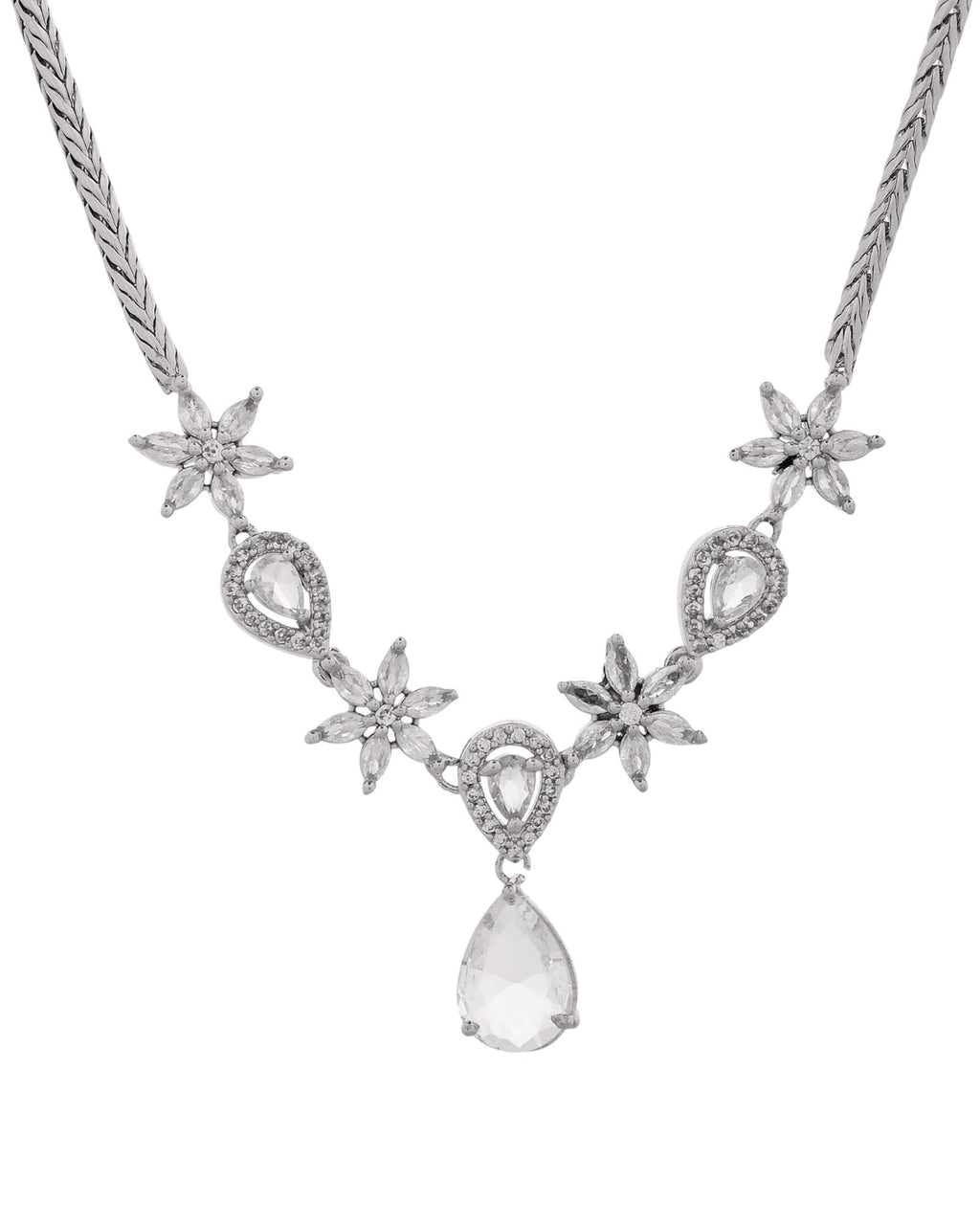 Jewels Nest Silver-Plated American Diamond (Ad) Floral Teardrop Necklace Set With Matching Stud Earrings | Grocsy
