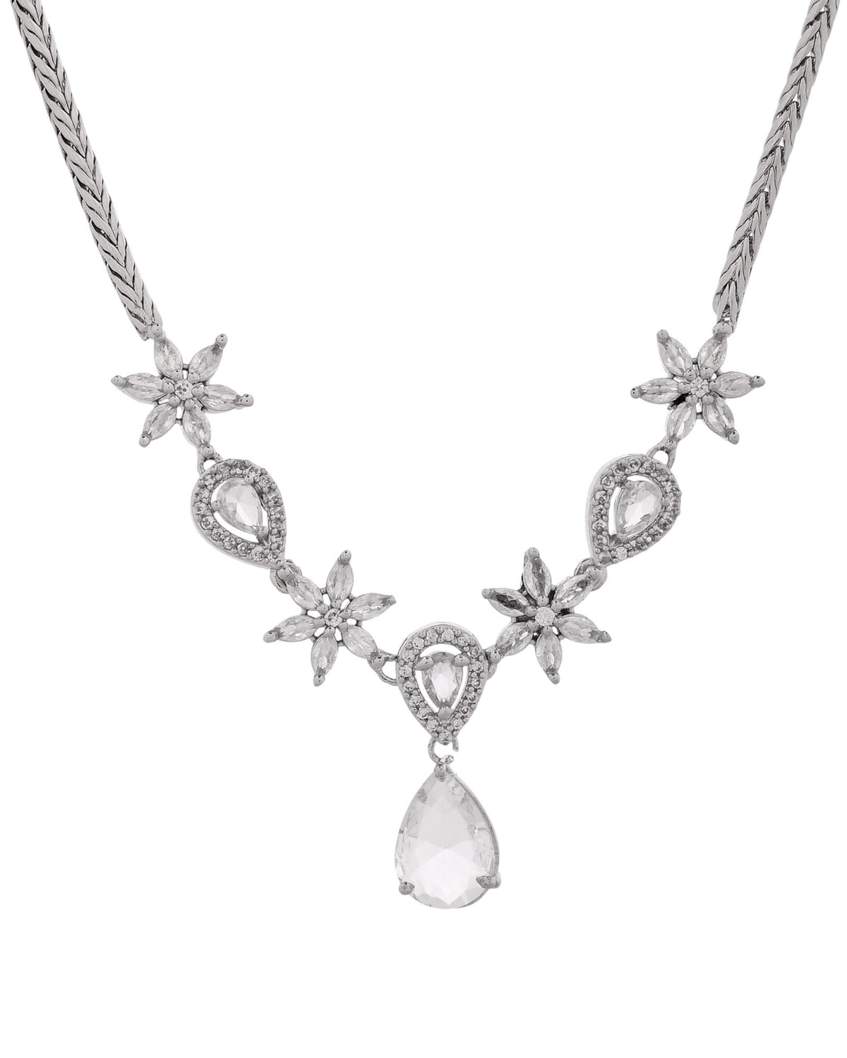 Jewels Nest Silver-Plated American Diamond (Ad) Floral Teardrop Necklace Set With Matching Stud Earrings | Grocsy