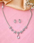 Jewels Nest Silver-Plated American Diamond (Ad) Floral Teardrop Necklace Set With Matching Stud Earrings | Grocsy
