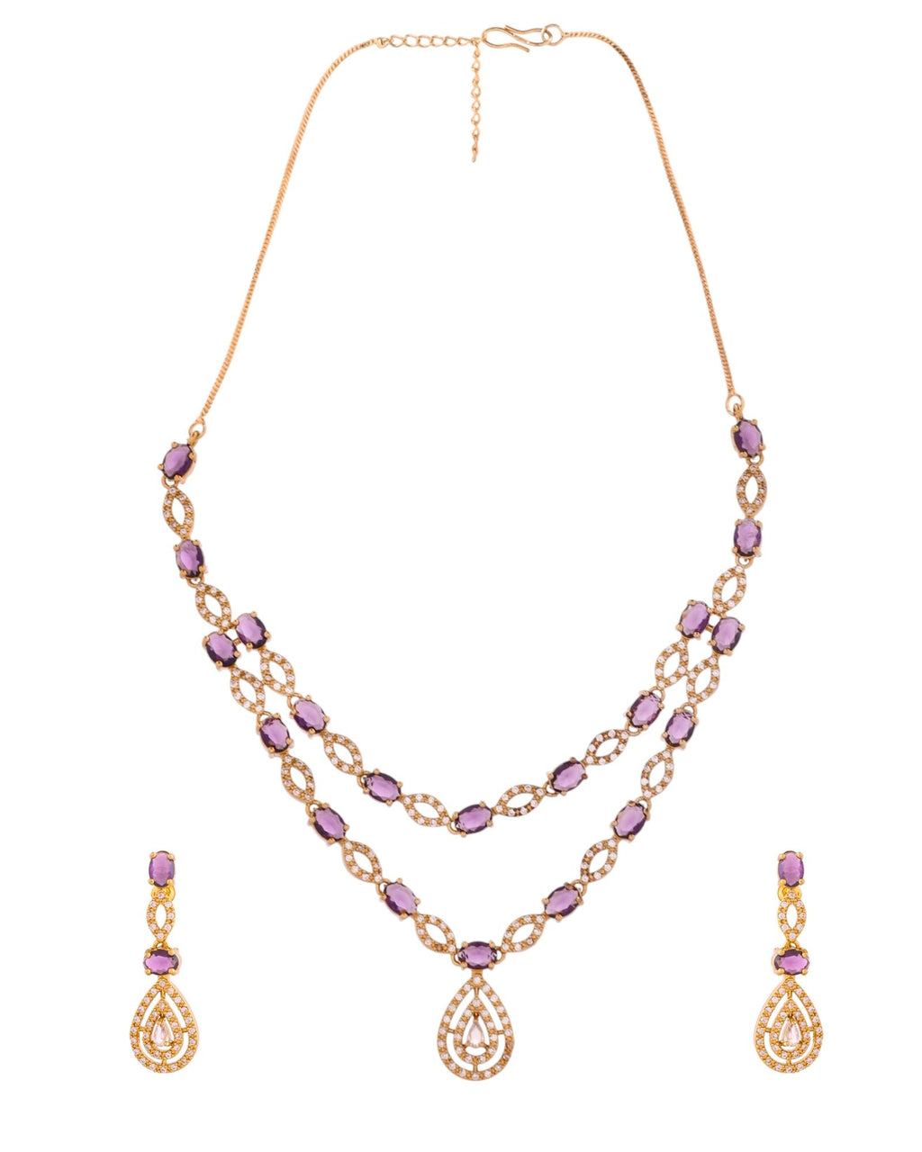 Jewels Nest Gold-Plated American Diamond (Ad) Purple Stone Teardrop Necklace Set With Matching Earrings | Grocsy