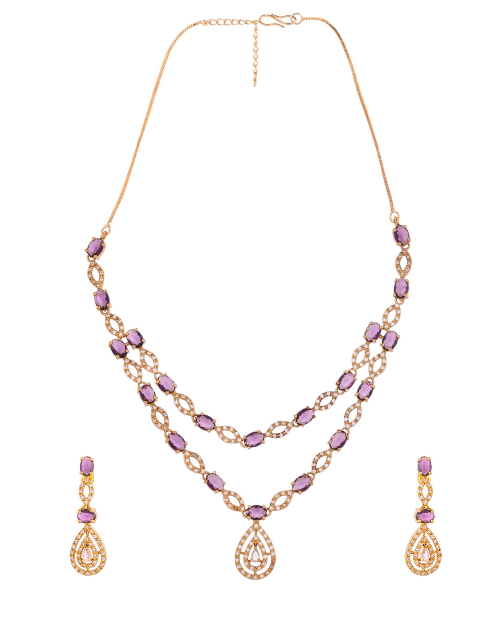 Jewels Nest Gold-Plated American Diamond (Ad) Purple Stone Teardrop Necklace Set With Matching Earrings | Grocsy