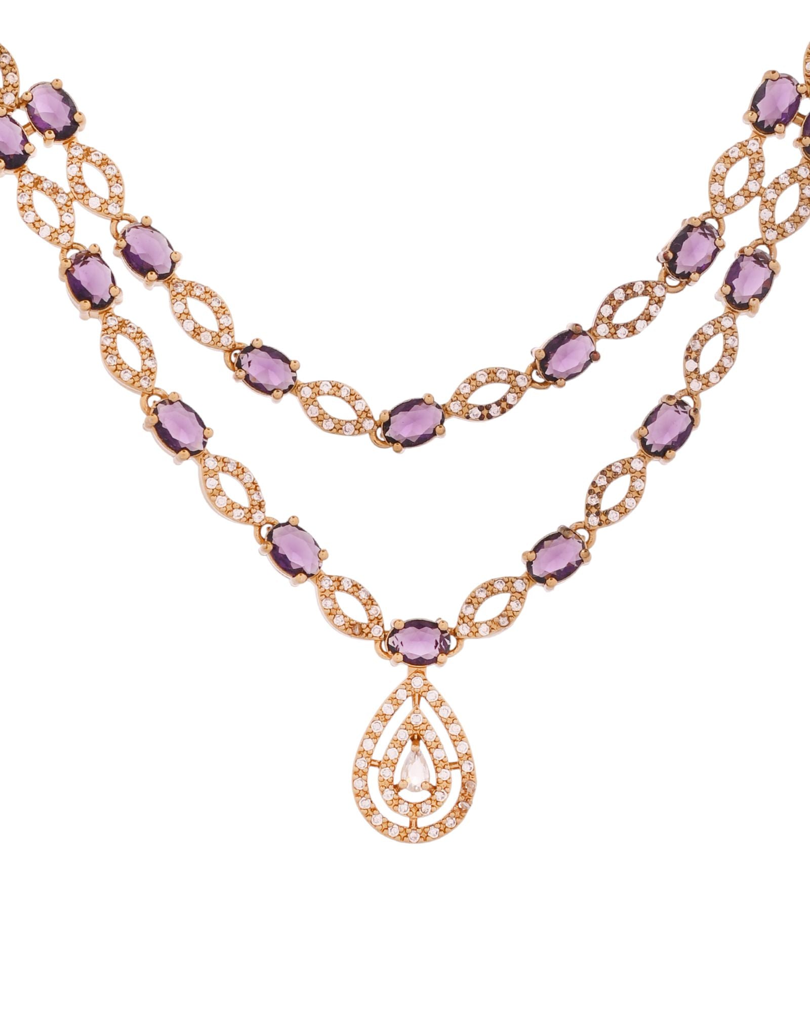 Jewels Nest Gold-Plated American Diamond (Ad) Purple Stone Teardrop Necklace Set With Matching Earrings | Grocsy