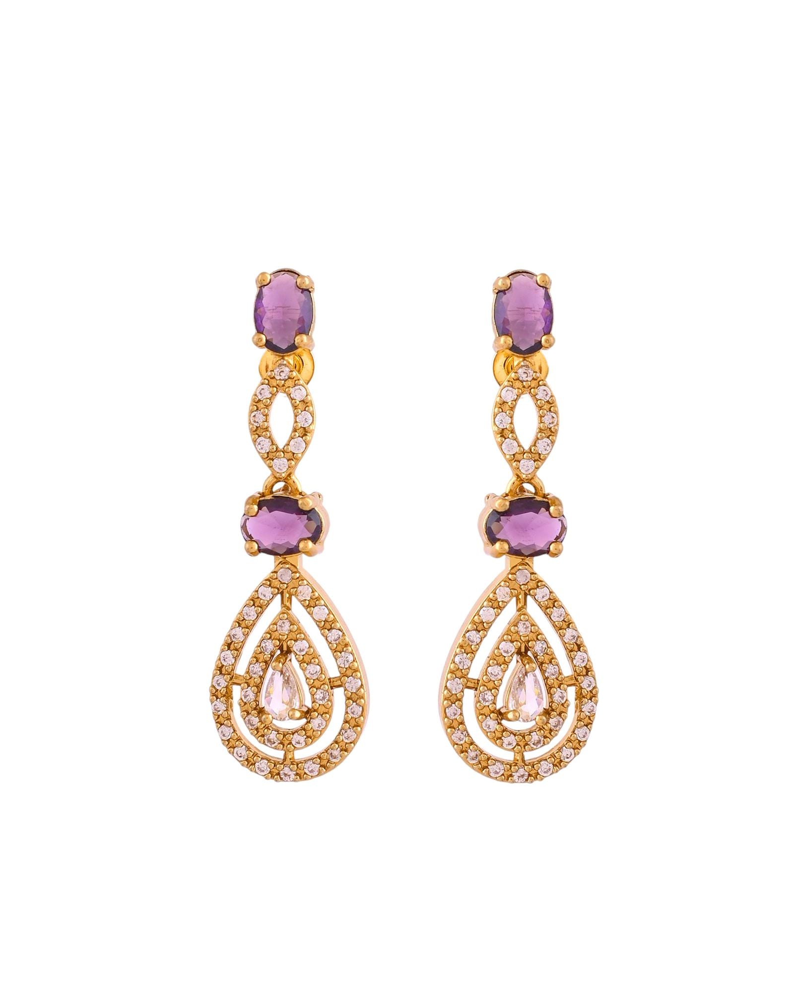 Jewels Nest Gold-Plated American Diamond (Ad) Purple Stone Teardrop Necklace Set With Matching Earrings | Grocsy