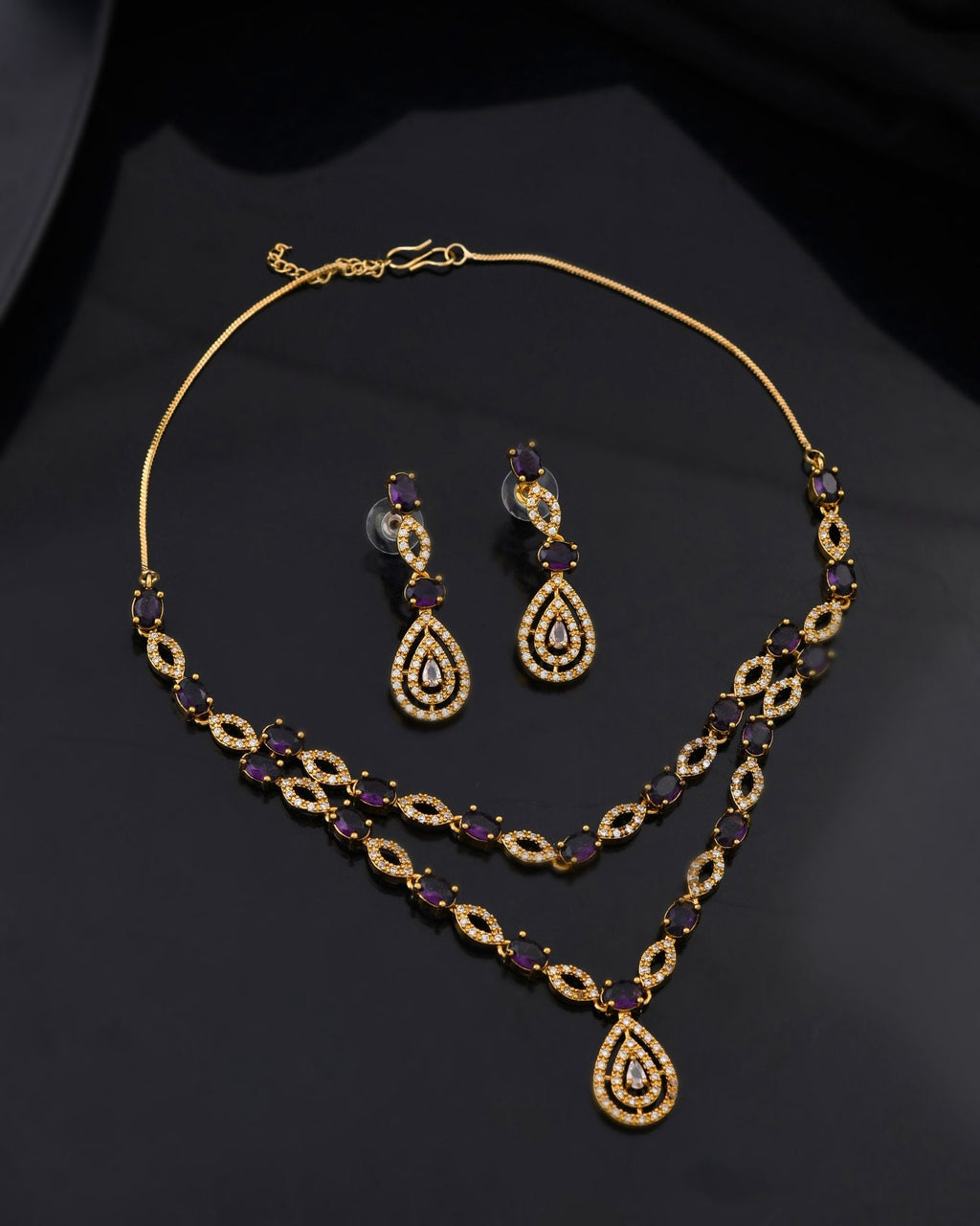 Jewels Nest Gold-Plated American Diamond (Ad) Purple Stone Teardrop Necklace Set With Matching Earrings | Grocsy