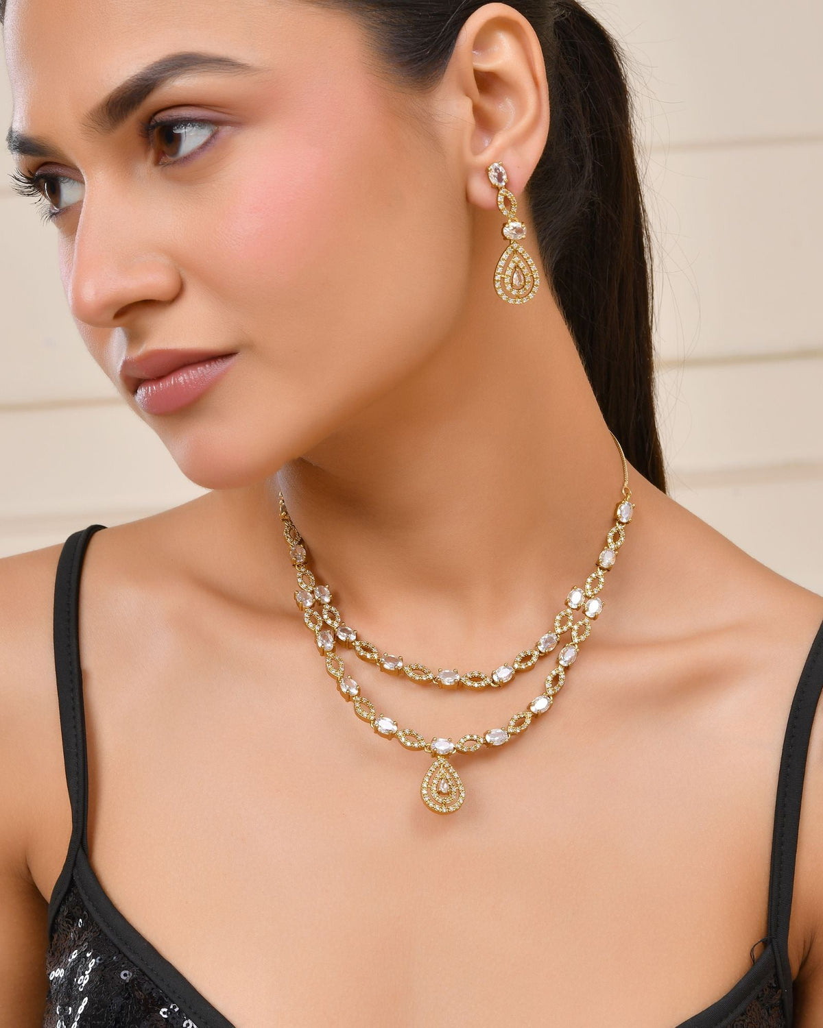 Jewels Nest Elegant Gold-Plated Teardrop Cz Necklace Set With Matching Earrings For Women | Grocsy