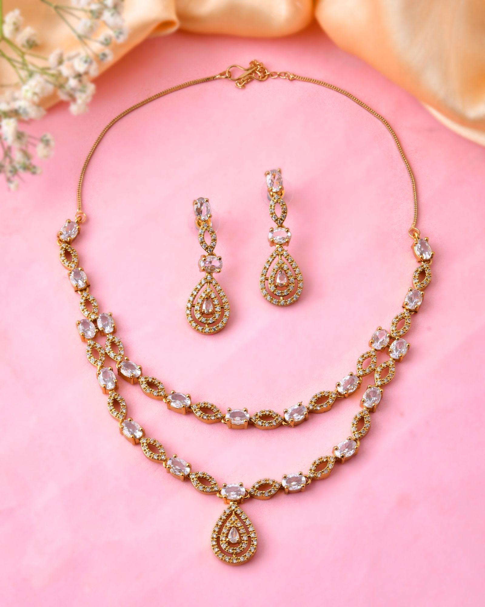 Jewels Nest Elegant Gold-Plated Teardrop Cz Necklace Set With Matching Earrings For Women | Grocsy