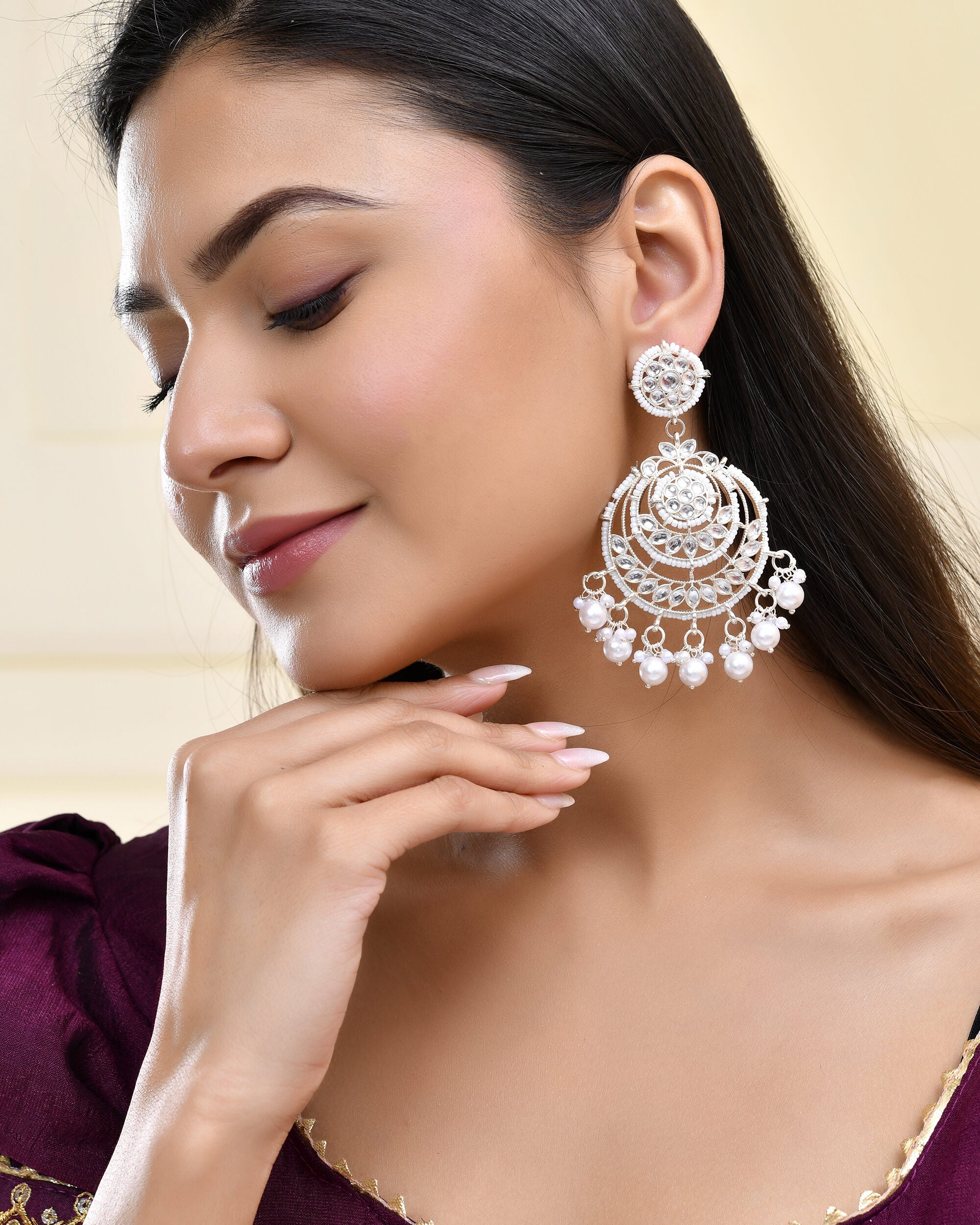 Jewels Nest Silver-Plated Grand Chandbali Earrings with Pearl and Kundan Work