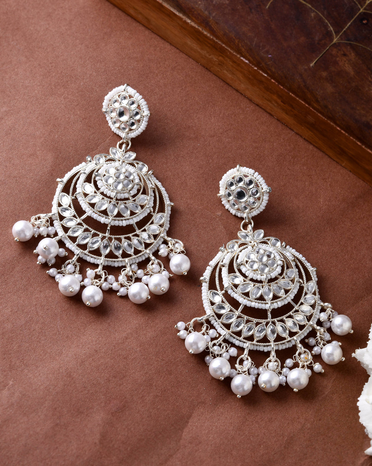Jewels Nest Silver-Plated Grand Chandbali Earrings with Pearl and Kundan Work