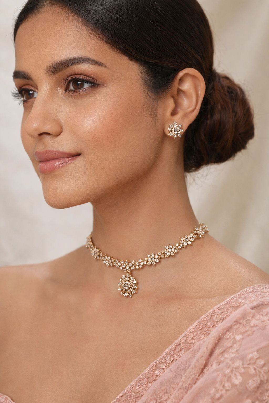 Jewels Nest Traditional Gold-Plated Floral Cz Necklace Set With Matching Stud Earrings For Women | Grocsy