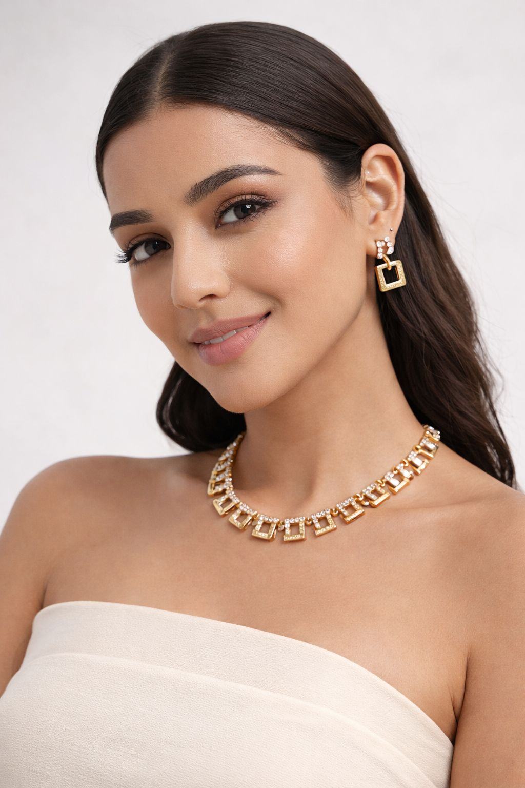 Jewels Nest Stylish Gold-Plated Geometric Cz Necklace Set With Matching Earrings For Women | Grocsy