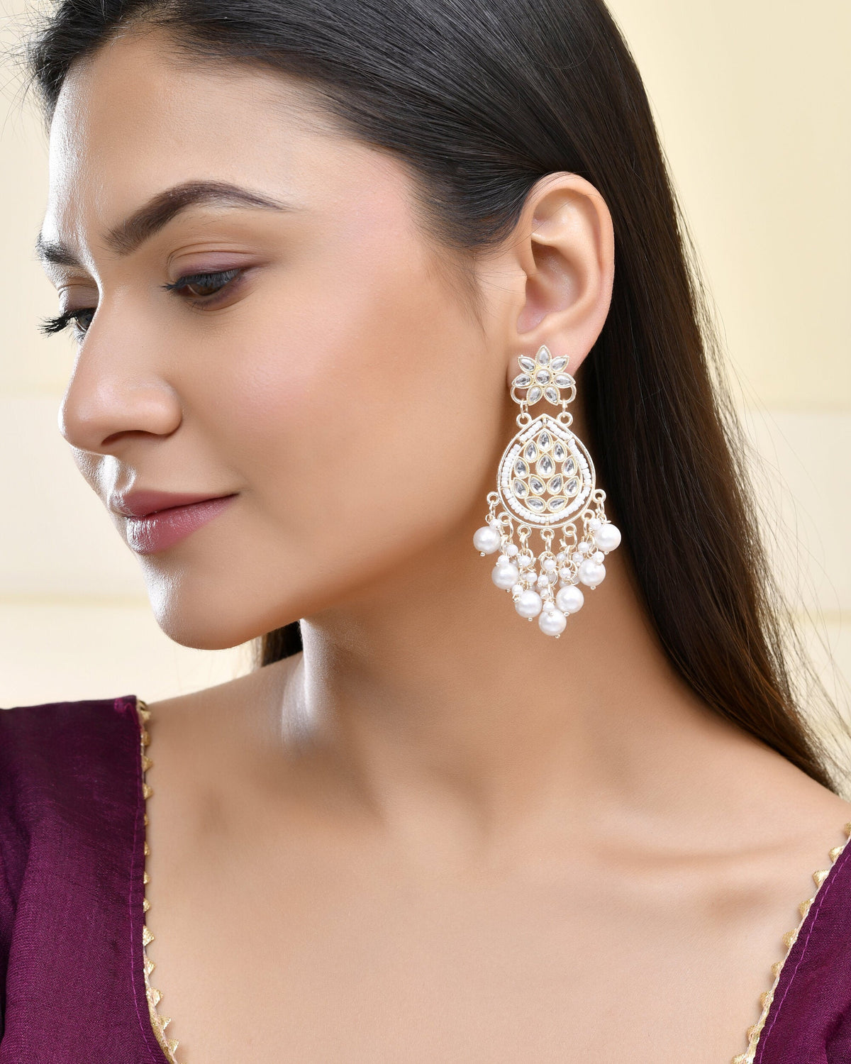 Jewels Nest Pearl-Embellished Kundan Teardrop Earrings with Floral Detailing