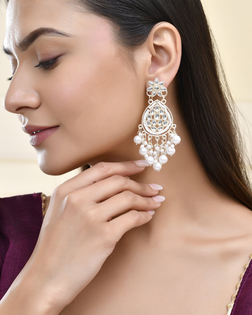 Jewels Nest Pearl-Embellished Kundan Teardrop Earrings with Floral Detailing