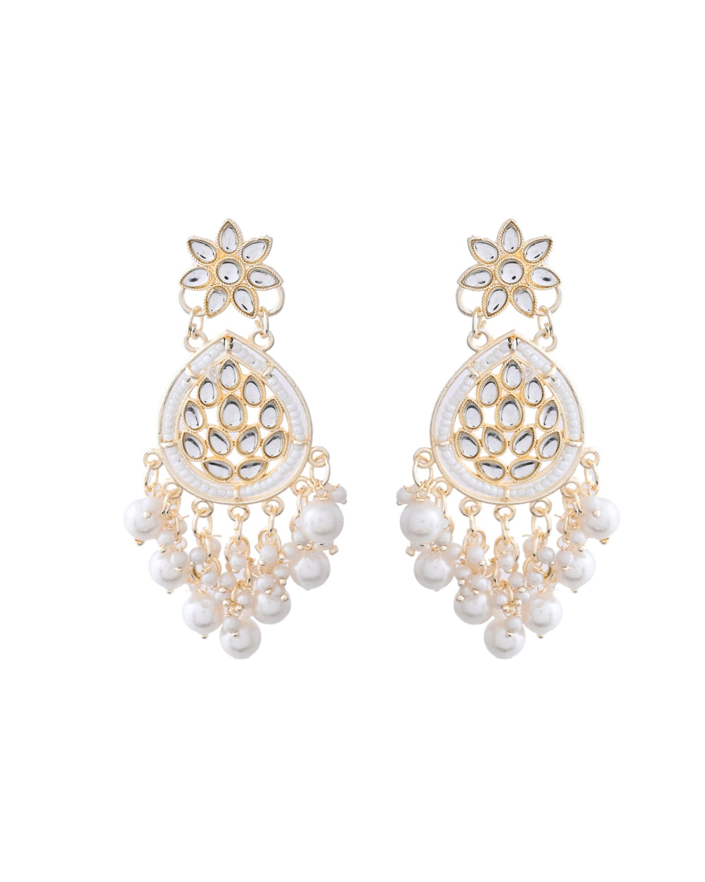 Jewels Nest Pearl-Embellished Kundan Teardrop Earrings with Floral Detailing