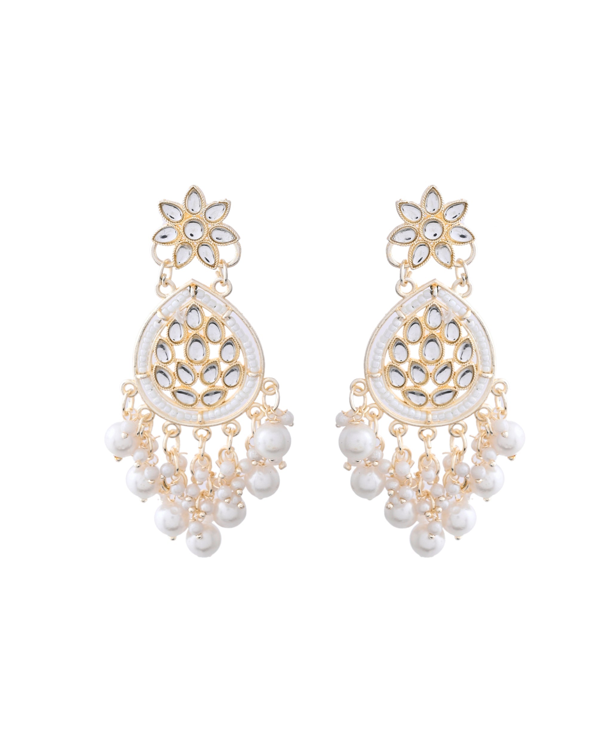 Jewels Nest Pearl-Embellished Kundan Teardrop Earrings with Floral Detailing