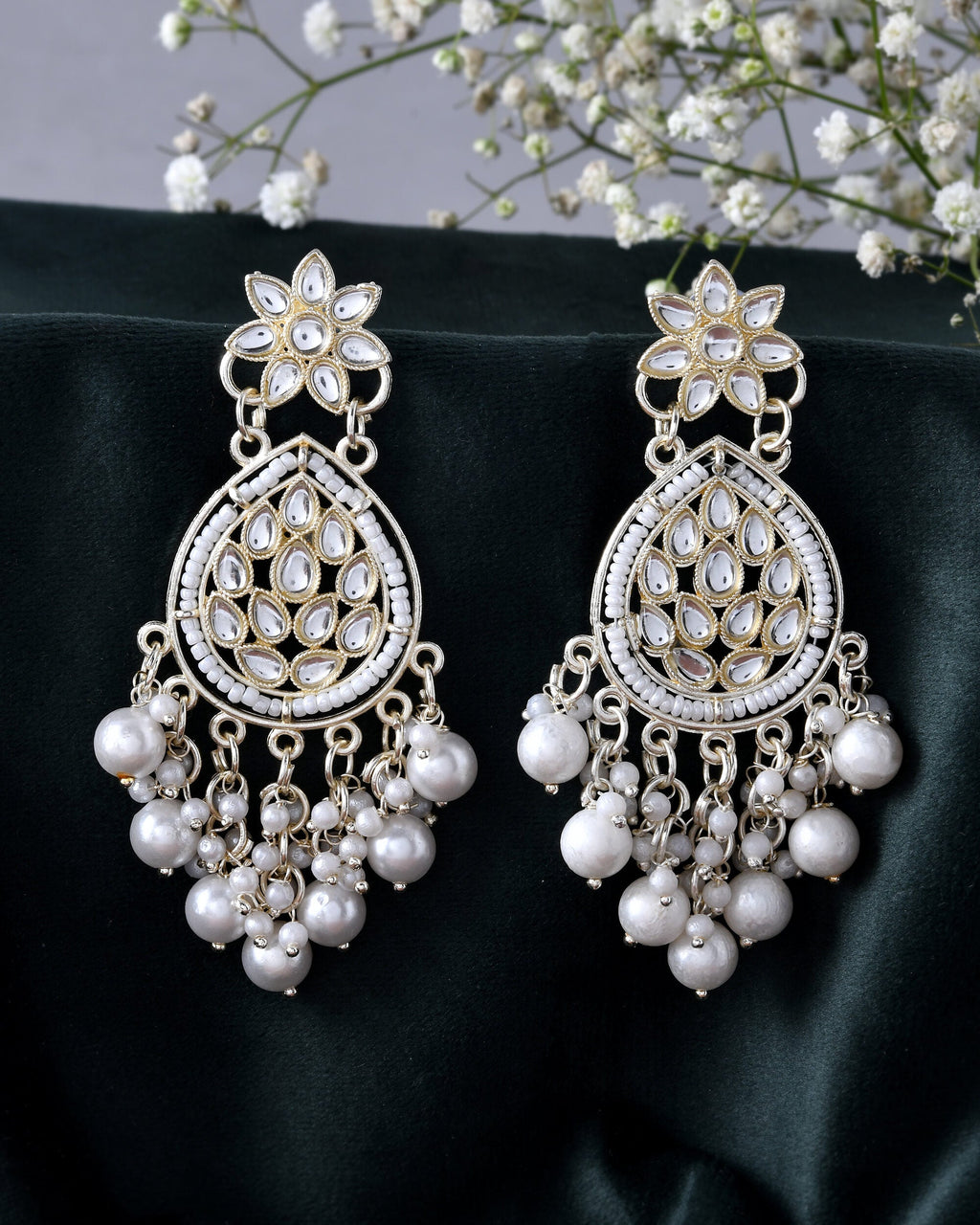 Jewels Nest Pearl-Embellished Kundan Teardrop Earrings with Floral Detailing