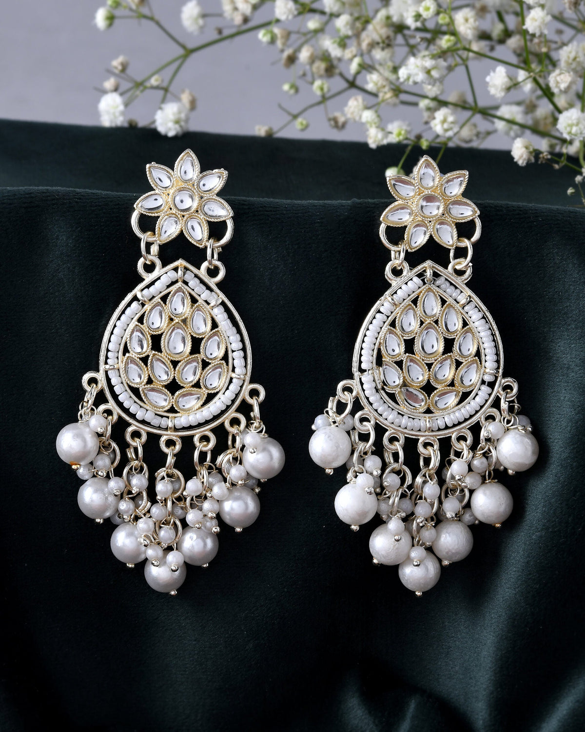Jewels Nest Pearl-Embellished Kundan Teardrop Earrings with Floral Detailing