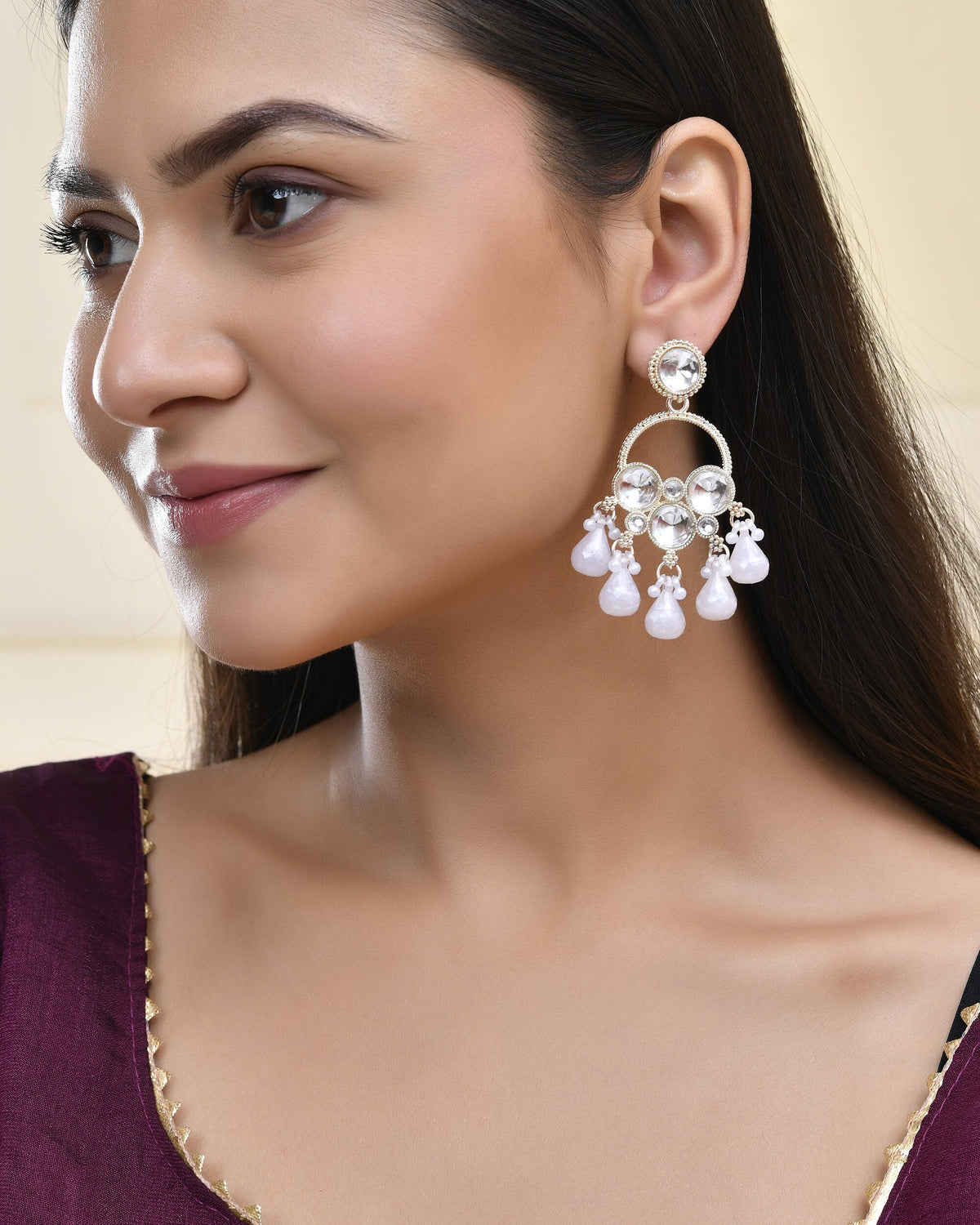 Jewels Nest Gold-Polished Hoop Earrings with Kundan and Pearl Hangings
