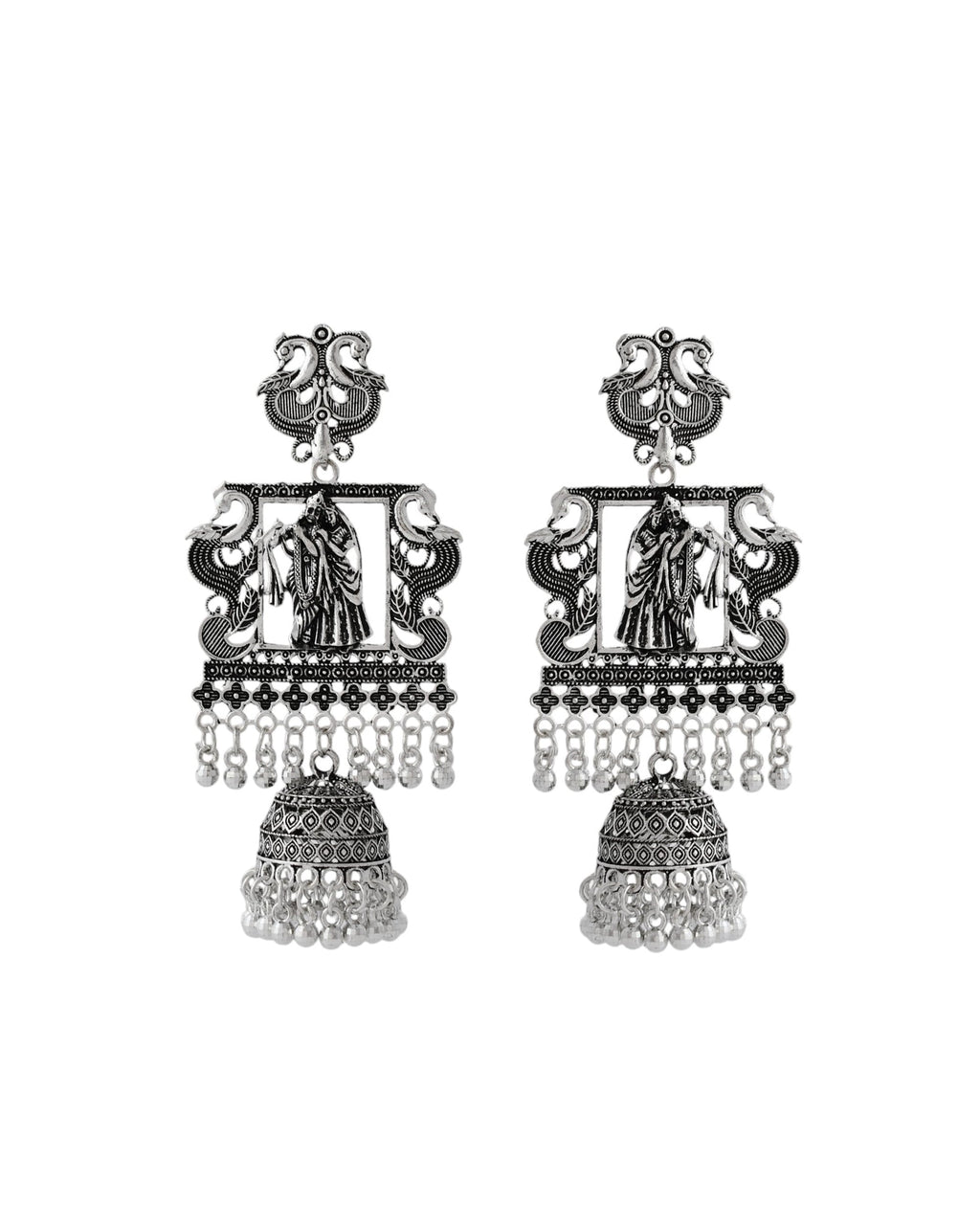 Jewels Nest Antique Silver Temple Jhumka Earrings with Intricate Detailing