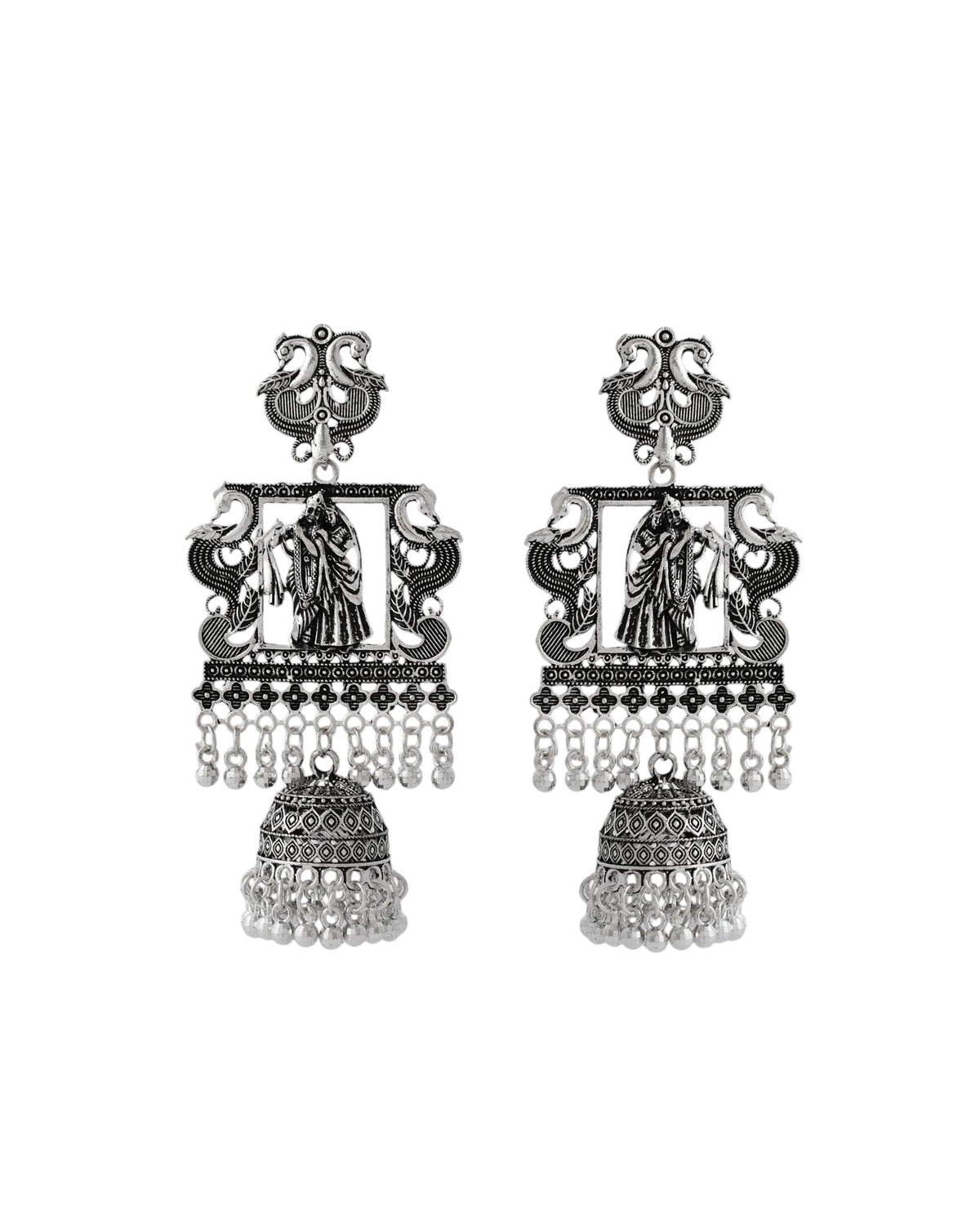 Jewels Nest Antique Silver Temple Jhumka Earrings with Intricate Detailing