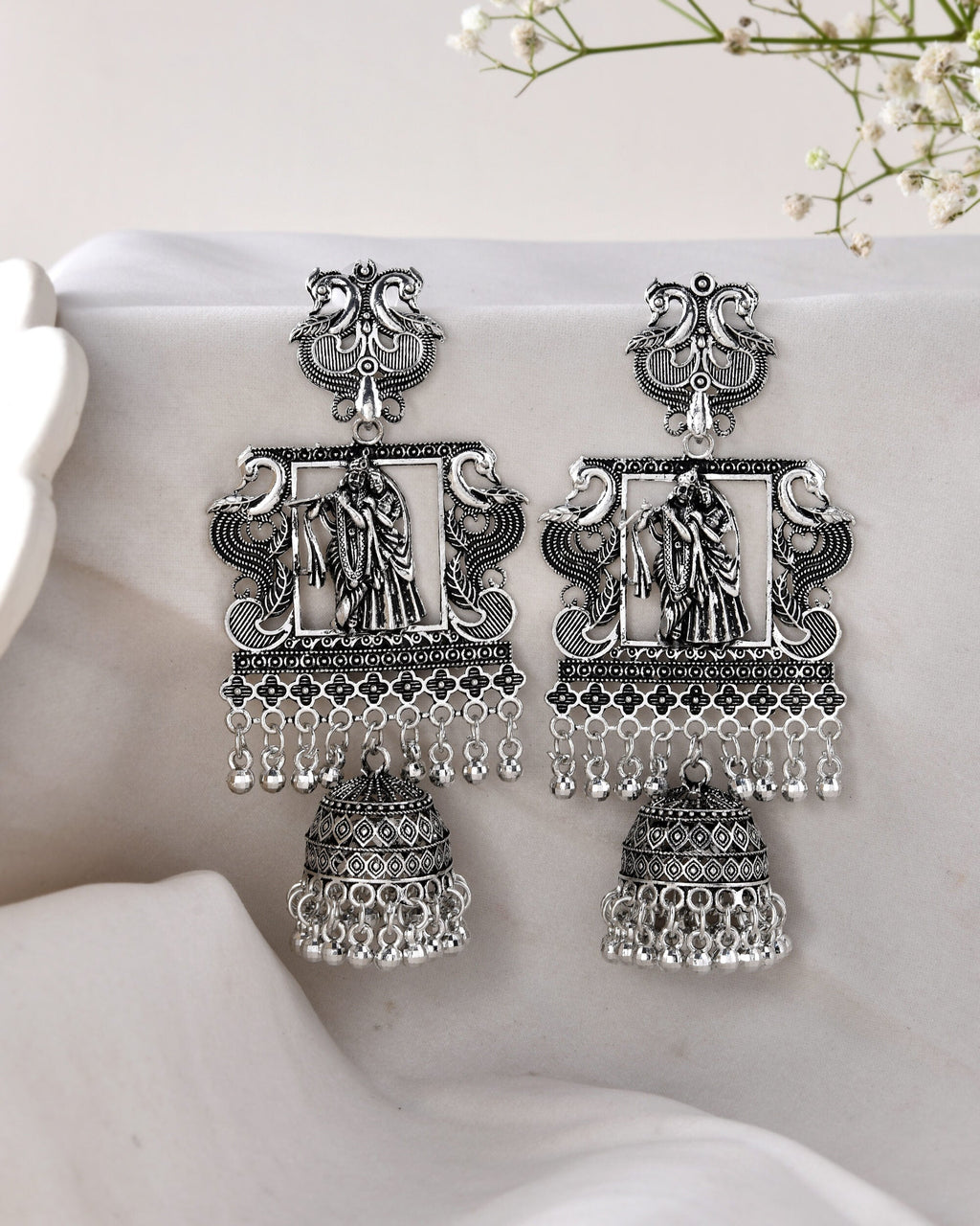 Jewels Nest Antique Silver Temple Jhumka Earrings with Intricate Detailing