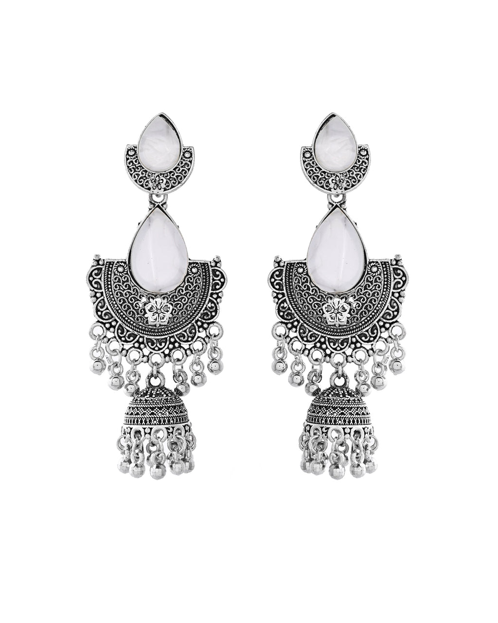 Jewels Nest Oxidized Silver Half Moon Jhumka Earrings with Intricate Design