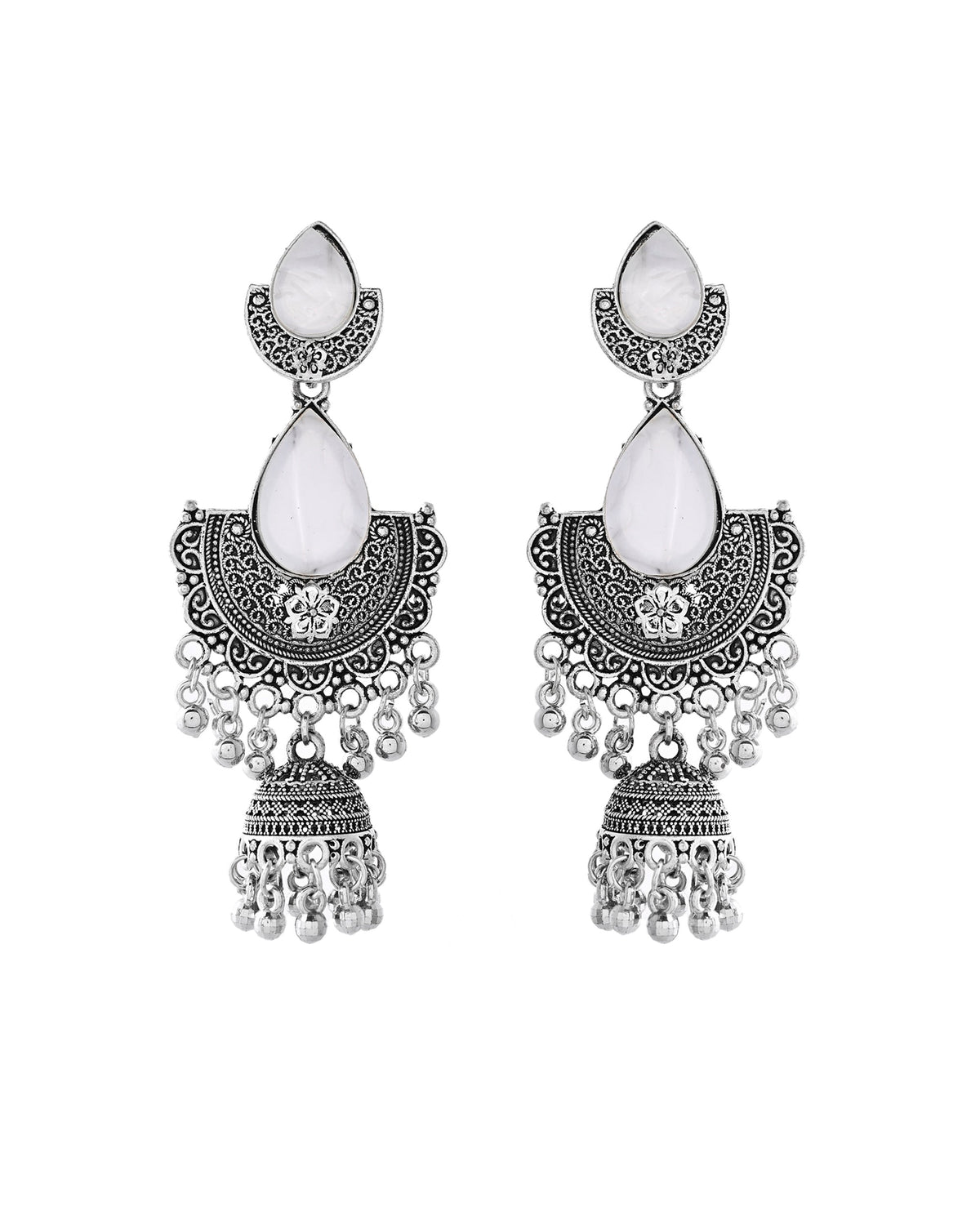 Jewels Nest Oxidized Silver Half Moon Jhumka Earrings with Intricate Design