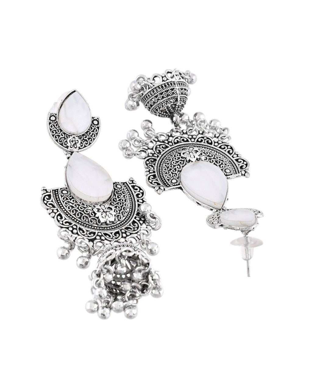 Jewels Nest Oxidized Silver Half Moon Jhumka Earrings with Intricate Design