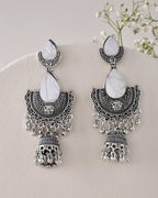 Jewels Nest Oxidized Silver Half Moon Jhumka Earrings with Intricate Design