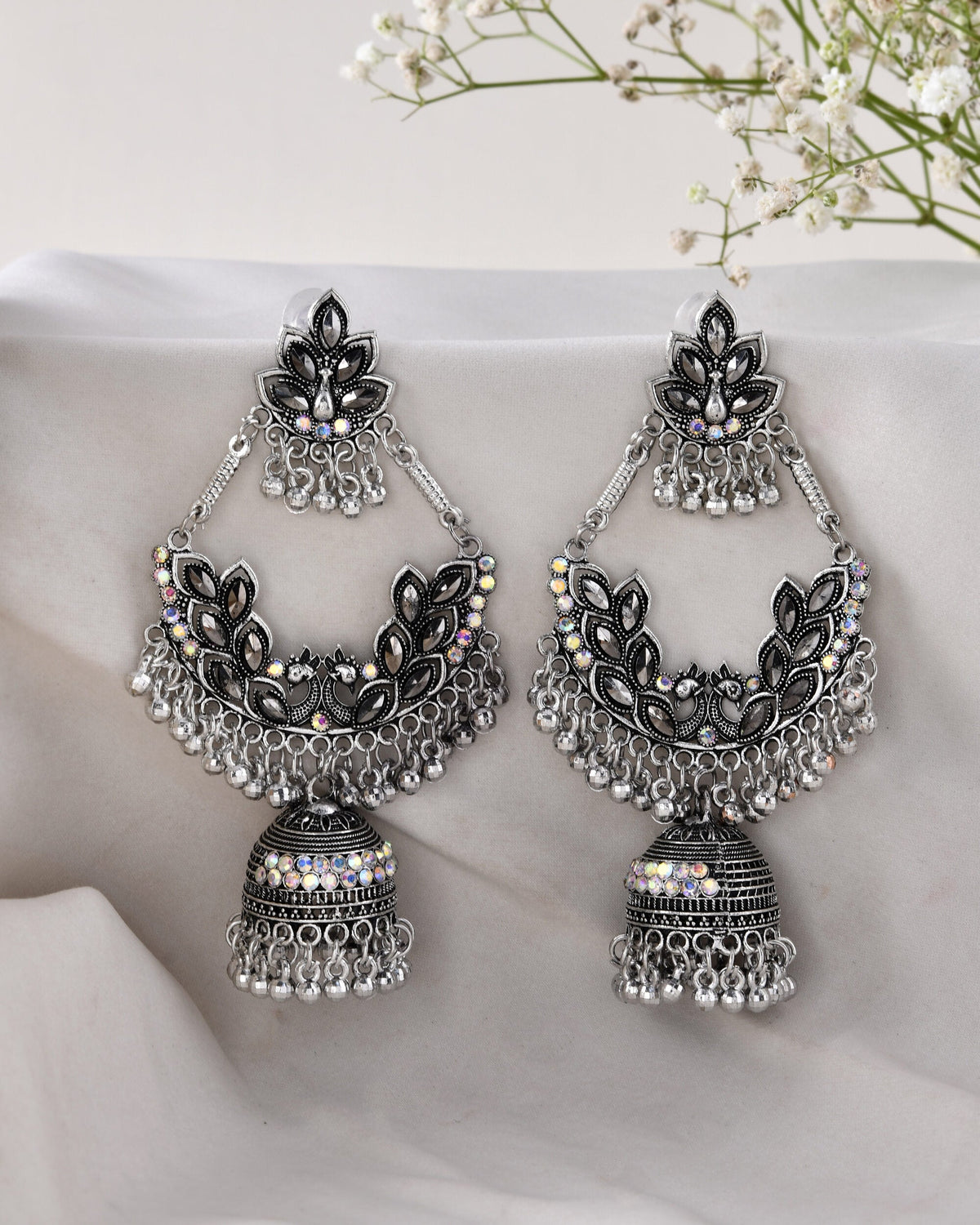 Jewels Nest Boho Floral Jhumka Earrings with Iridescent Stones