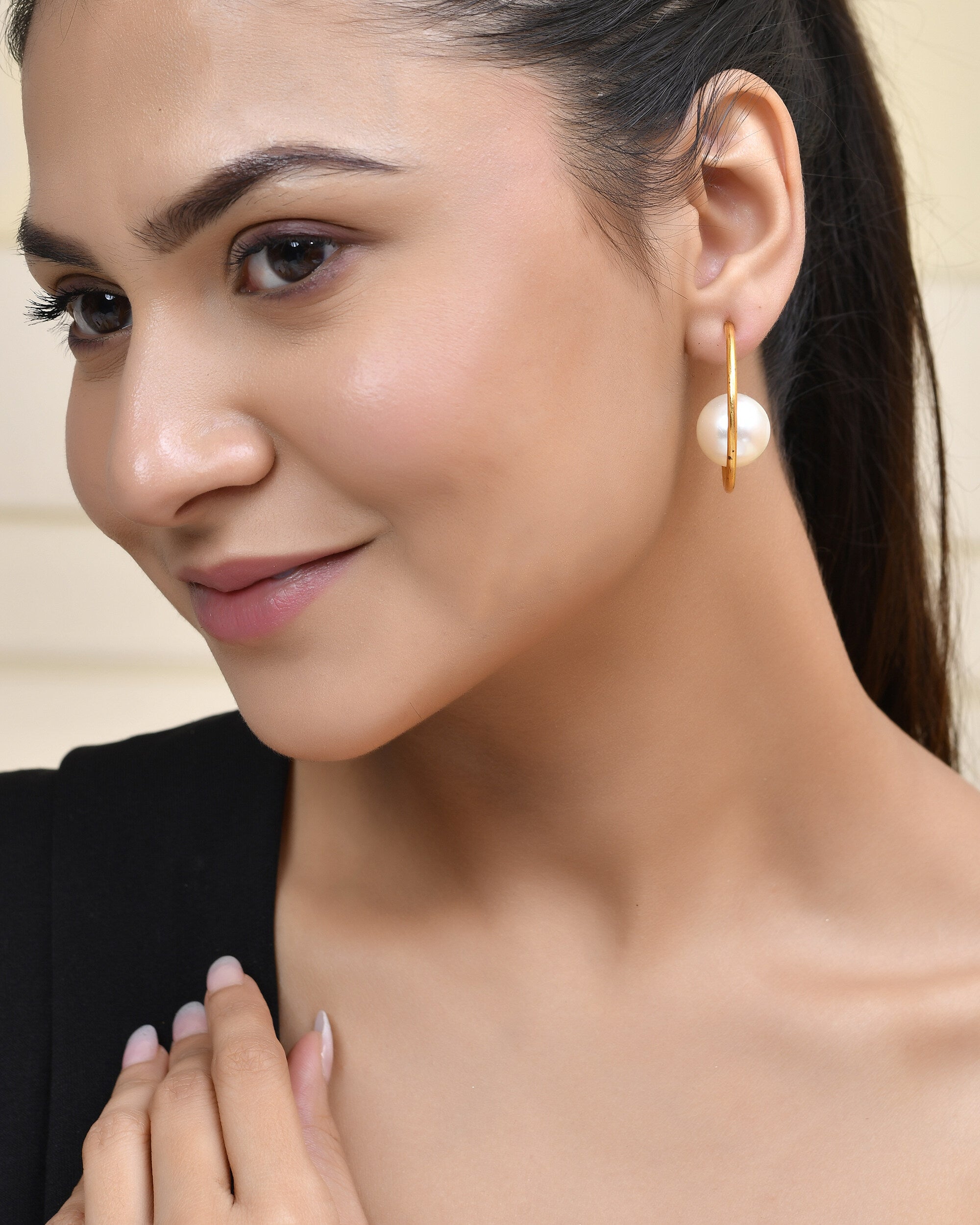 Jewels Nest Golden Halo Pearl Hoops | Grocsy