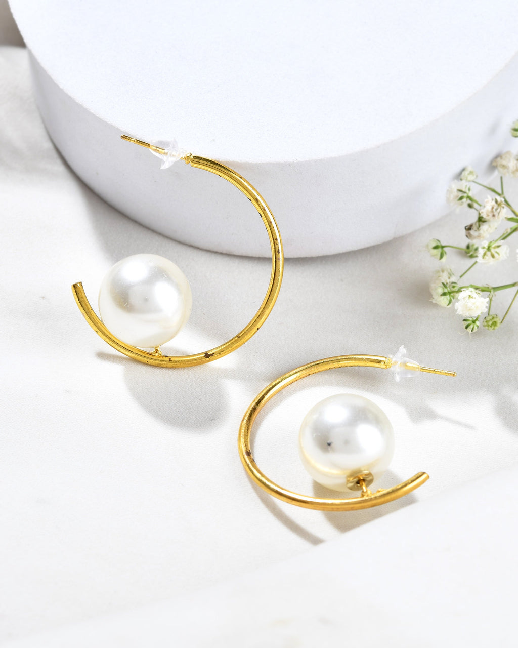 Jewels Nest Golden Halo Pearl Hoops | Grocsy