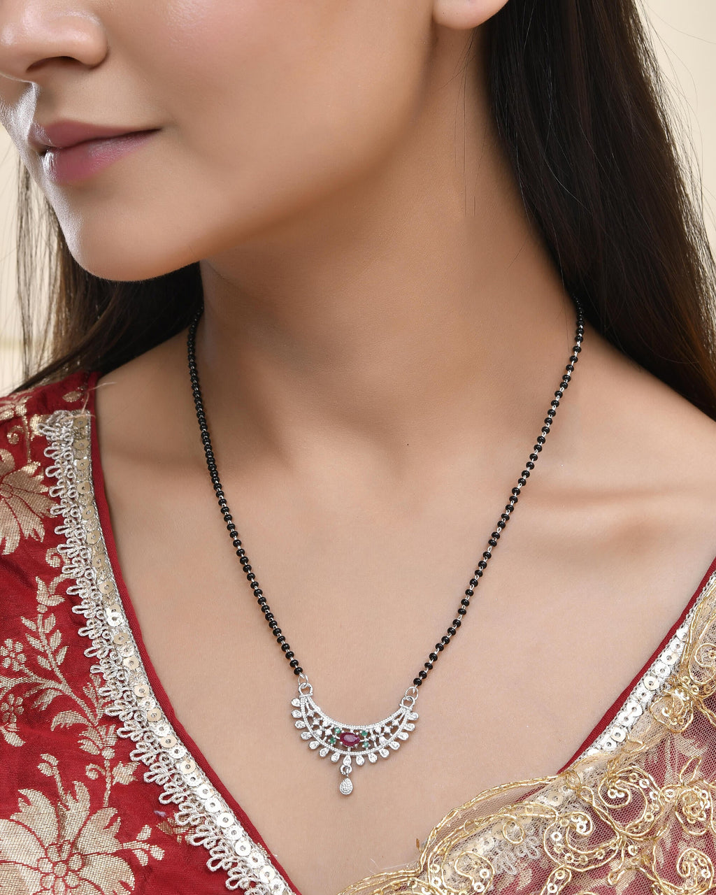 Jewels Nest Elegant Silver-Plated Mangal Sutra with Floral Crystal Pendant | Grocsy