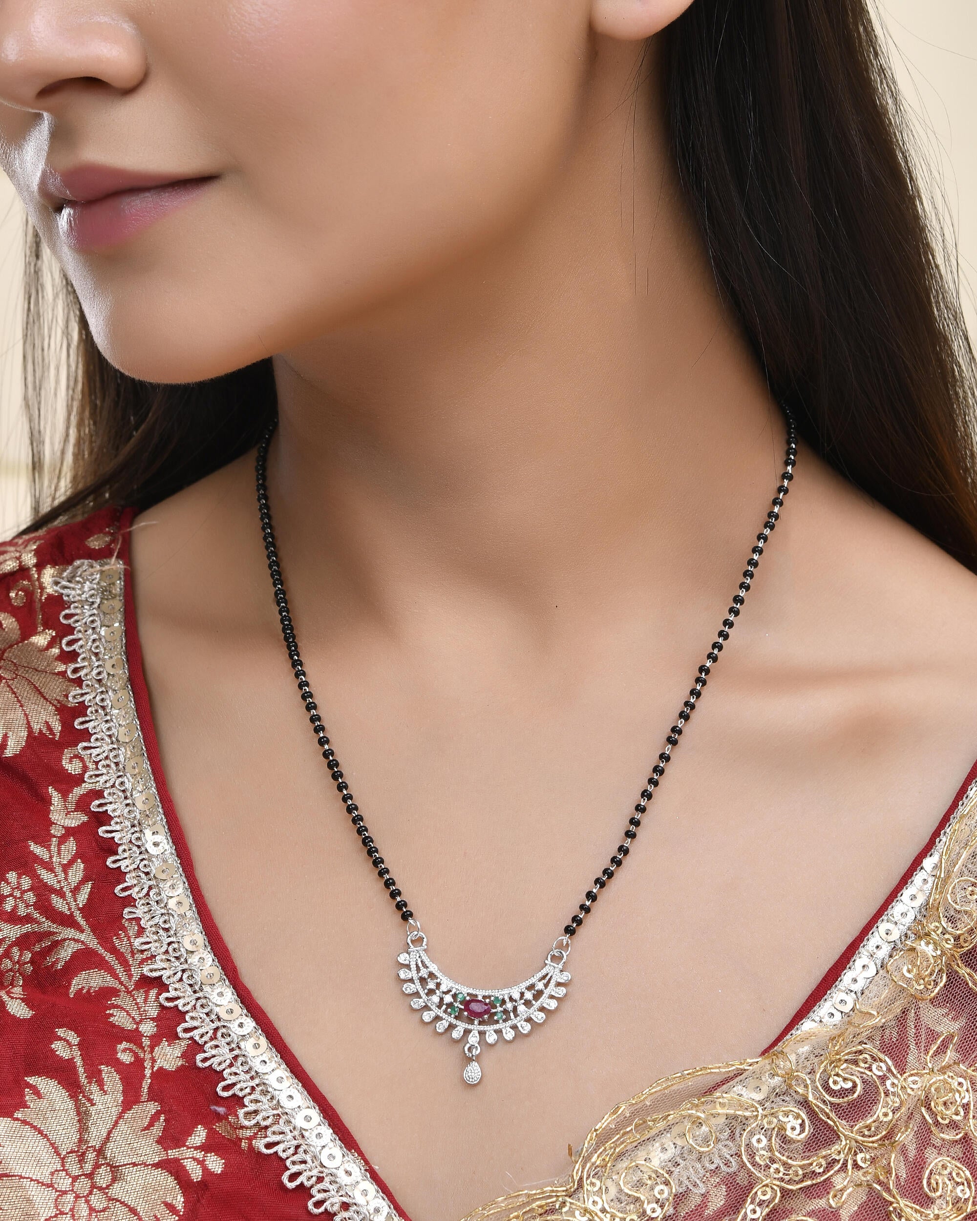 Jewels Nest Elegant Silver-Plated Mangal Sutra with Floral Crystal Pendant | Grocsy