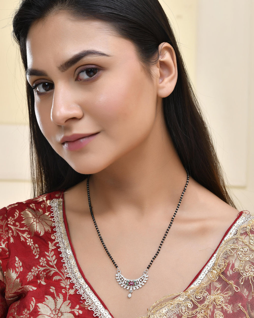 Jewels Nest Elegant Silver-Plated Mangal Sutra with Floral Crystal Pendant | Grocsy