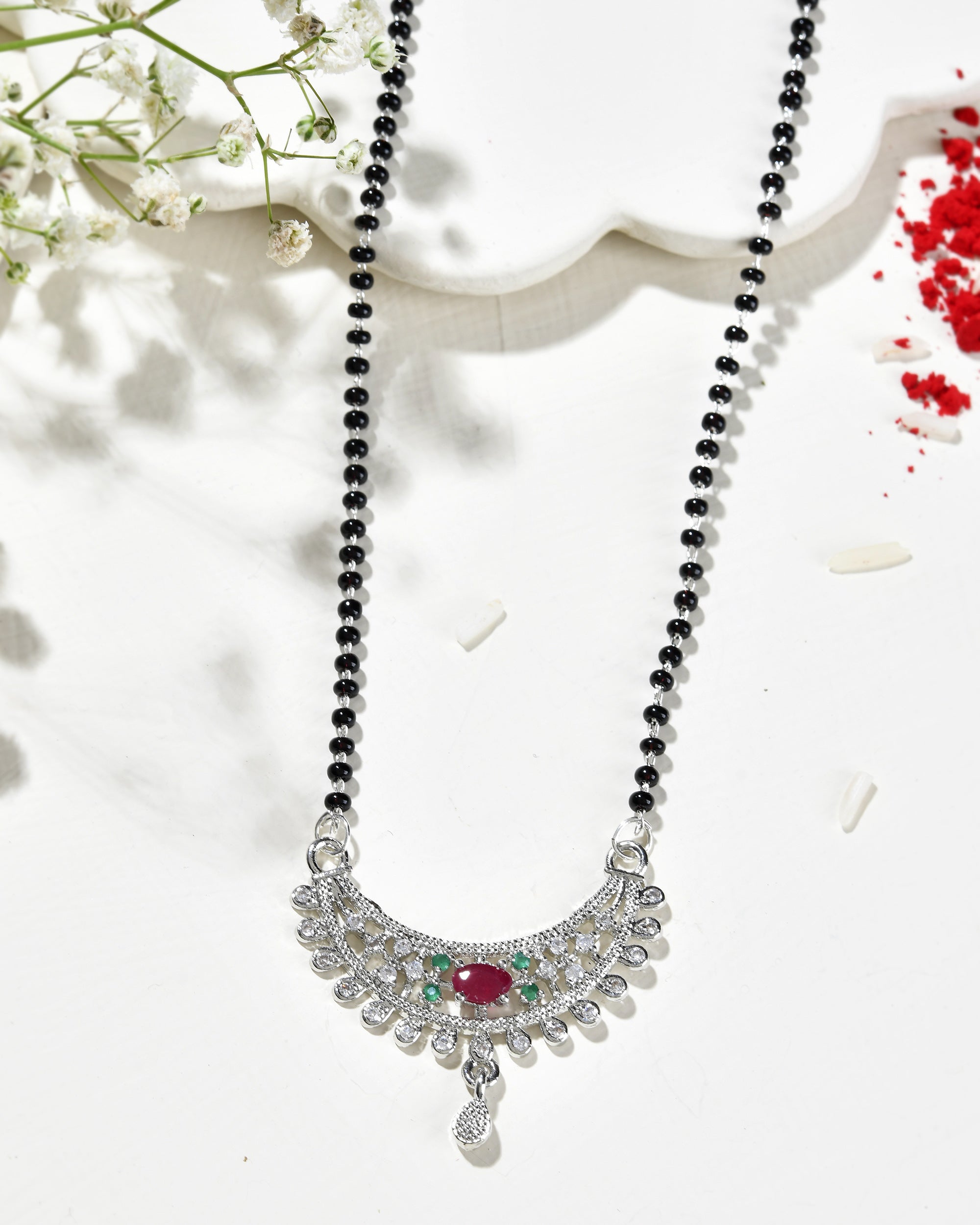 Jewels Nest Elegant Silver-Plated Mangal Sutra with Floral Crystal Pendant | Grocsy