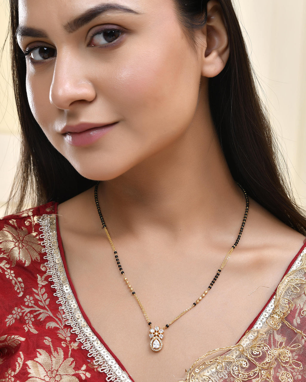 Jewels Nest Elegant Floral Pendant Gold-Polished Mangal Sutra | Grocsy