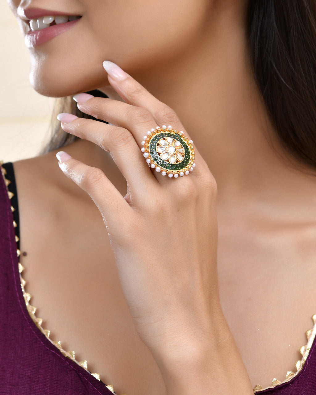 Jewels Nest Exquisite Kundan Meenakari Gold-Polished Rings | Grocsy