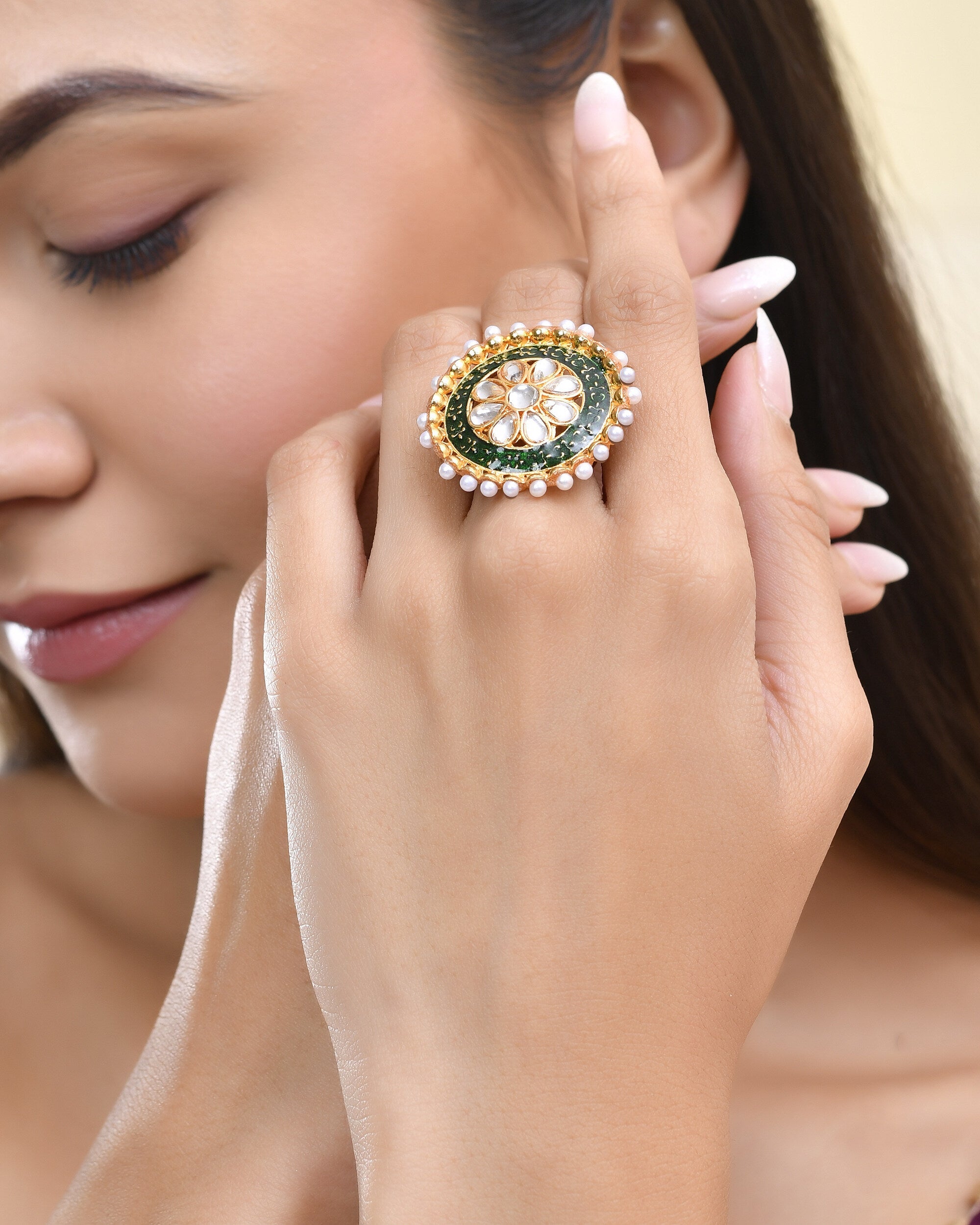 Jewels Nest Exquisite Kundan Meenakari Gold-Polished Rings | Grocsy