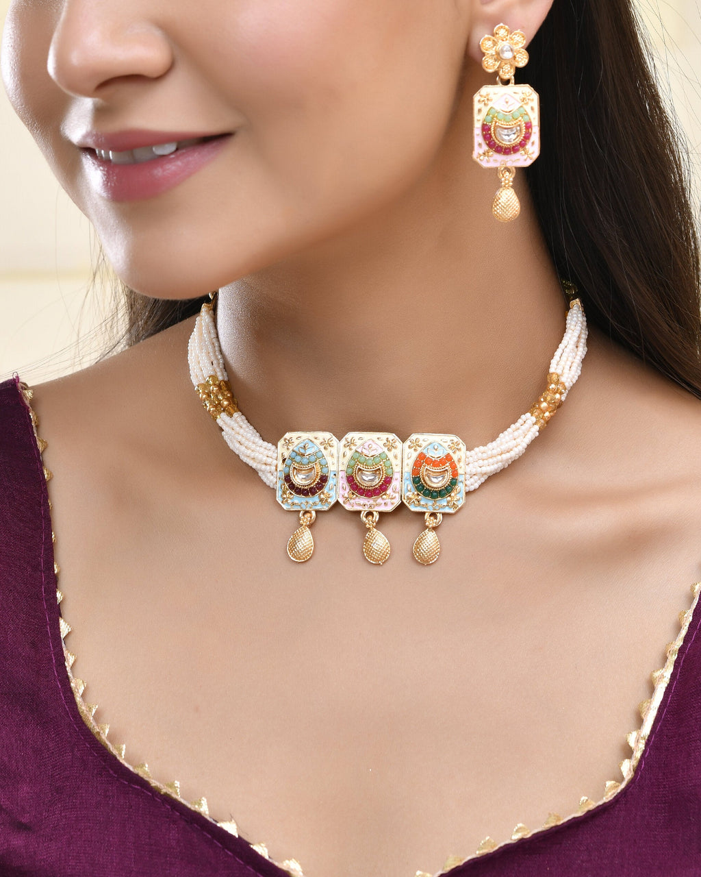 Jewels Nest Traditional Gold-Polished Kundan & Pearl Multi-Color Necklace and Earrings Set for Women | Grocsy