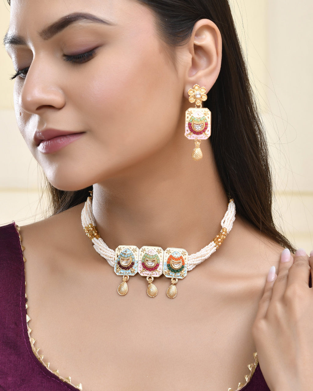 Jewels Nest Traditional Gold-Polished Kundan & Pearl Multi-Color Necklace and Earrings Set for Women | Grocsy