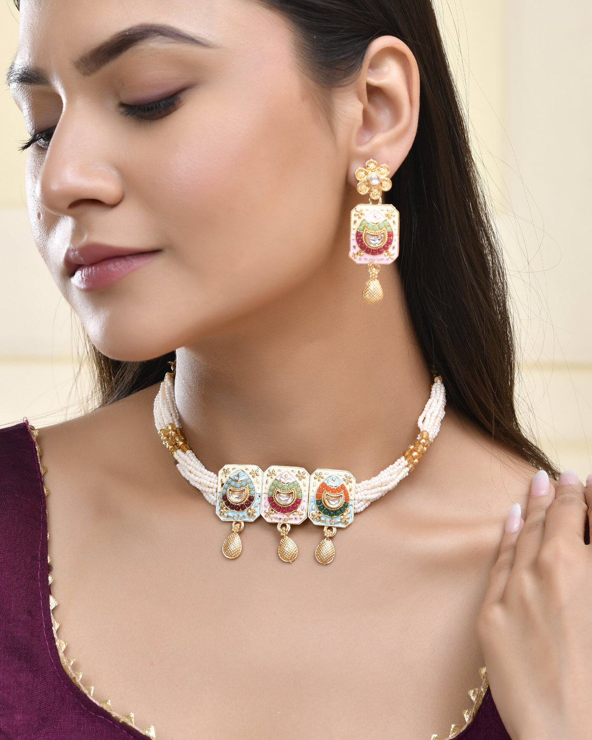 Jewels Nest Traditional Gold-Polished Kundan & Pearl Multi-Color Necklace and Earrings Set for Women | Grocsy