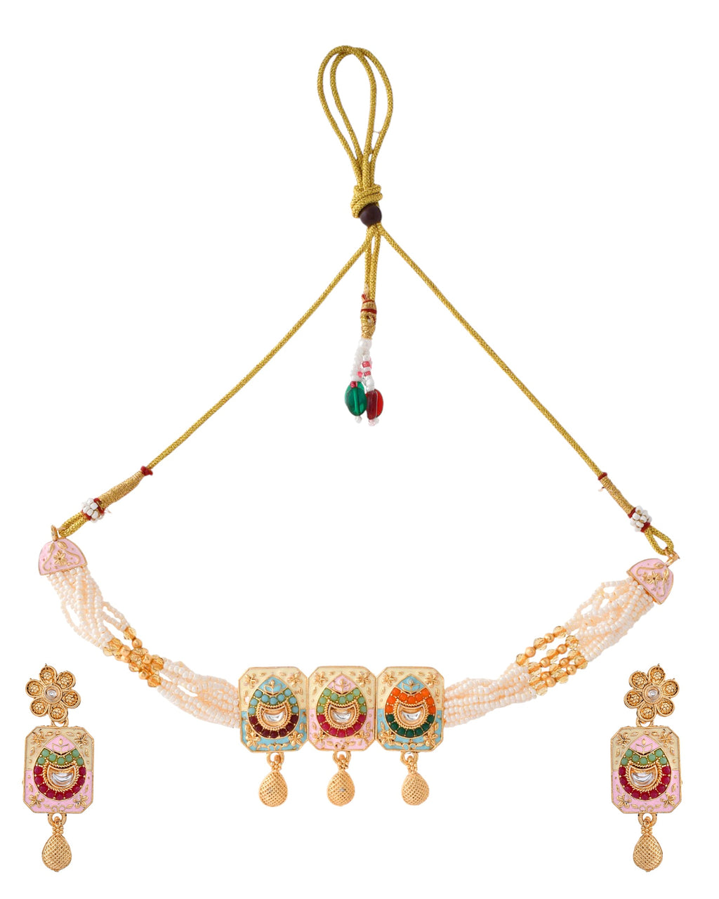 Jewels Nest Traditional Gold-Polished Kundan & Pearl Multi-Color Necklace and Earrings Set for Women | Grocsy