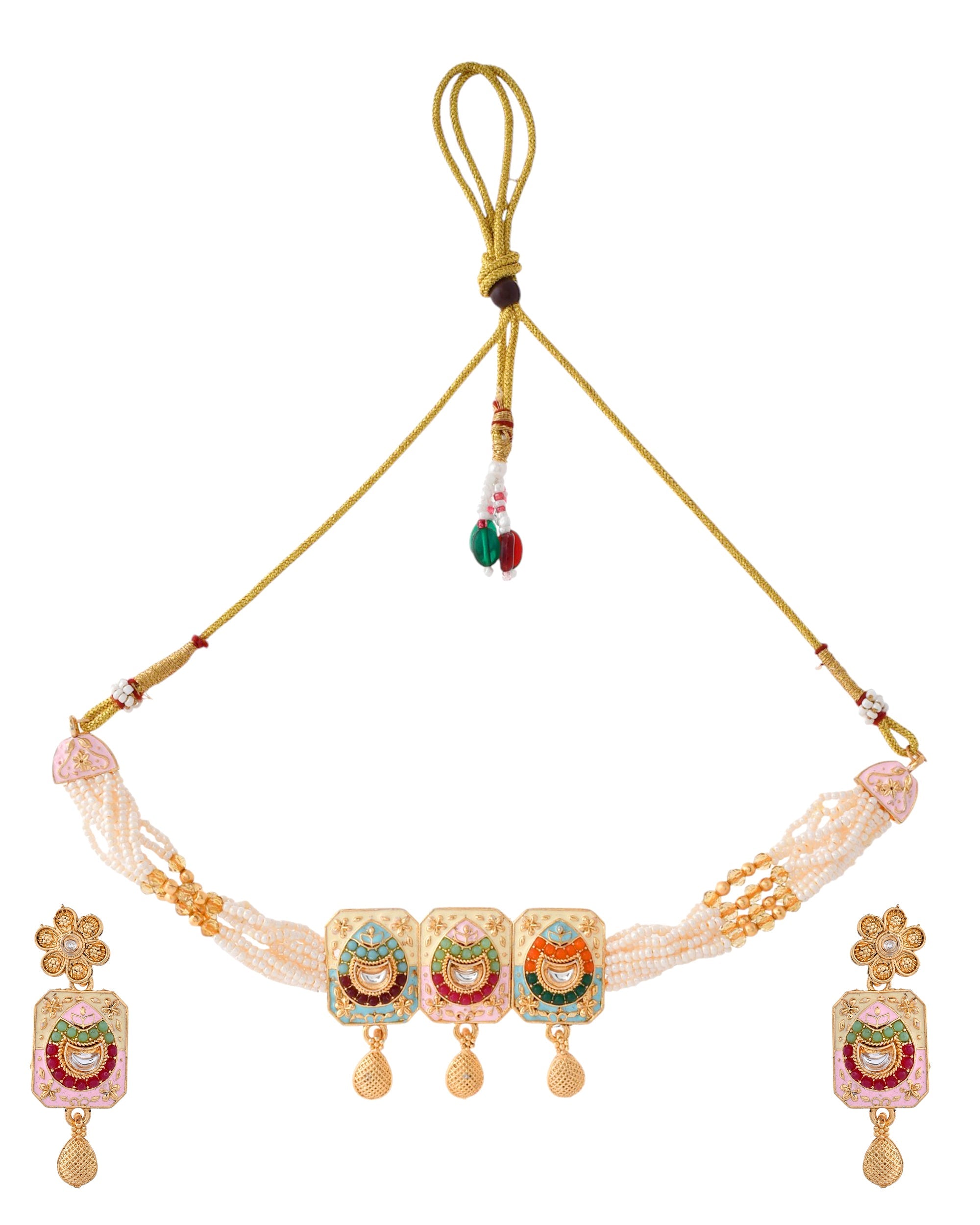 Jewels Nest Traditional Gold-Polished Kundan & Pearl Multi-Color Necklace and Earrings Set for Women | Grocsy