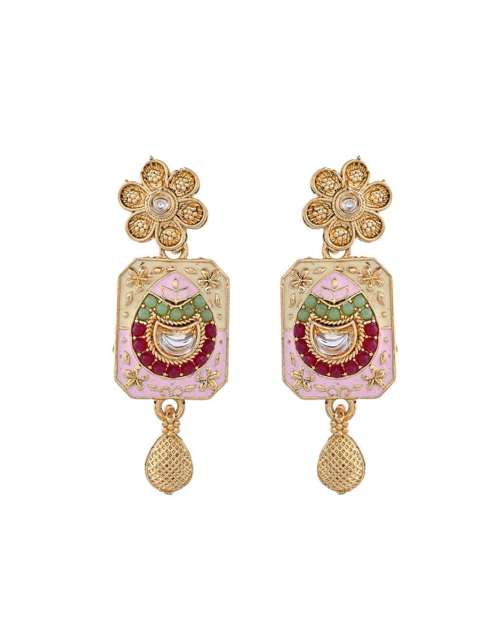 Jewels Nest Traditional Gold-Polished Kundan & Pearl Multi-Color Necklace and Earrings Set for Women | Grocsy