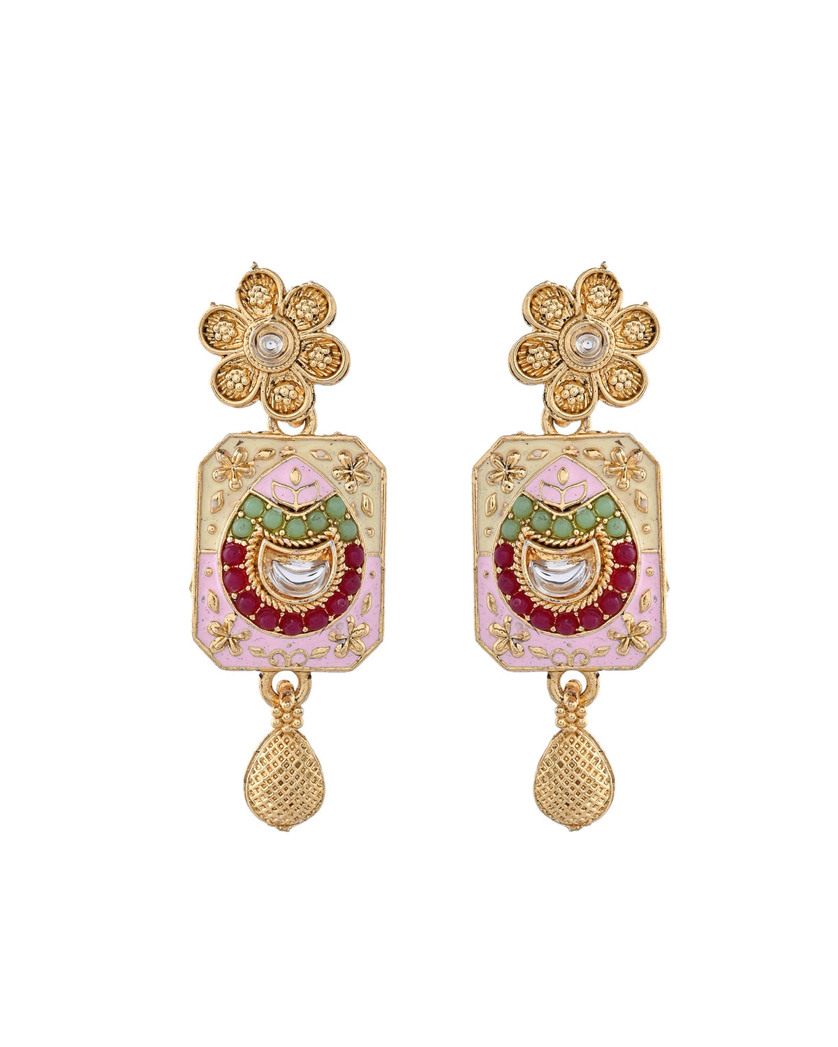 Jewels Nest Traditional Gold-Polished Kundan & Pearl Multi-Color Necklace and Earrings Set for Women | Grocsy