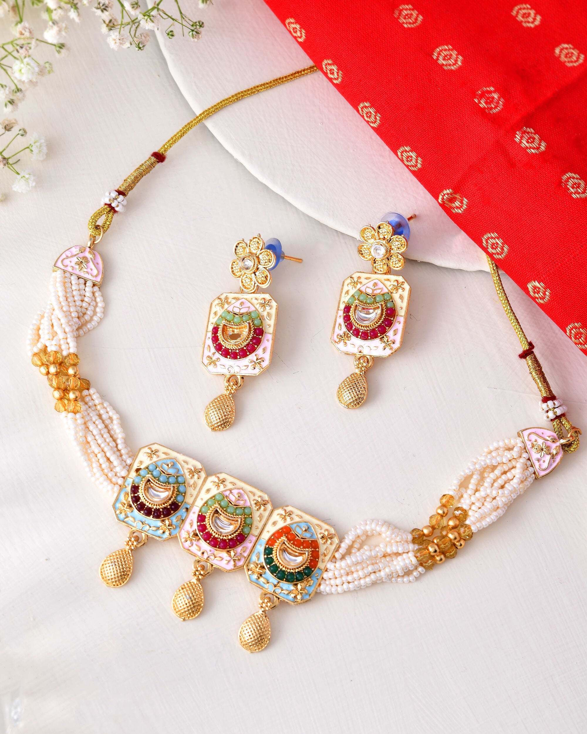 Jewels Nest Traditional Gold-Polished Kundan & Pearl Multi-Color Necklace and Earrings Set for Women | Grocsy
