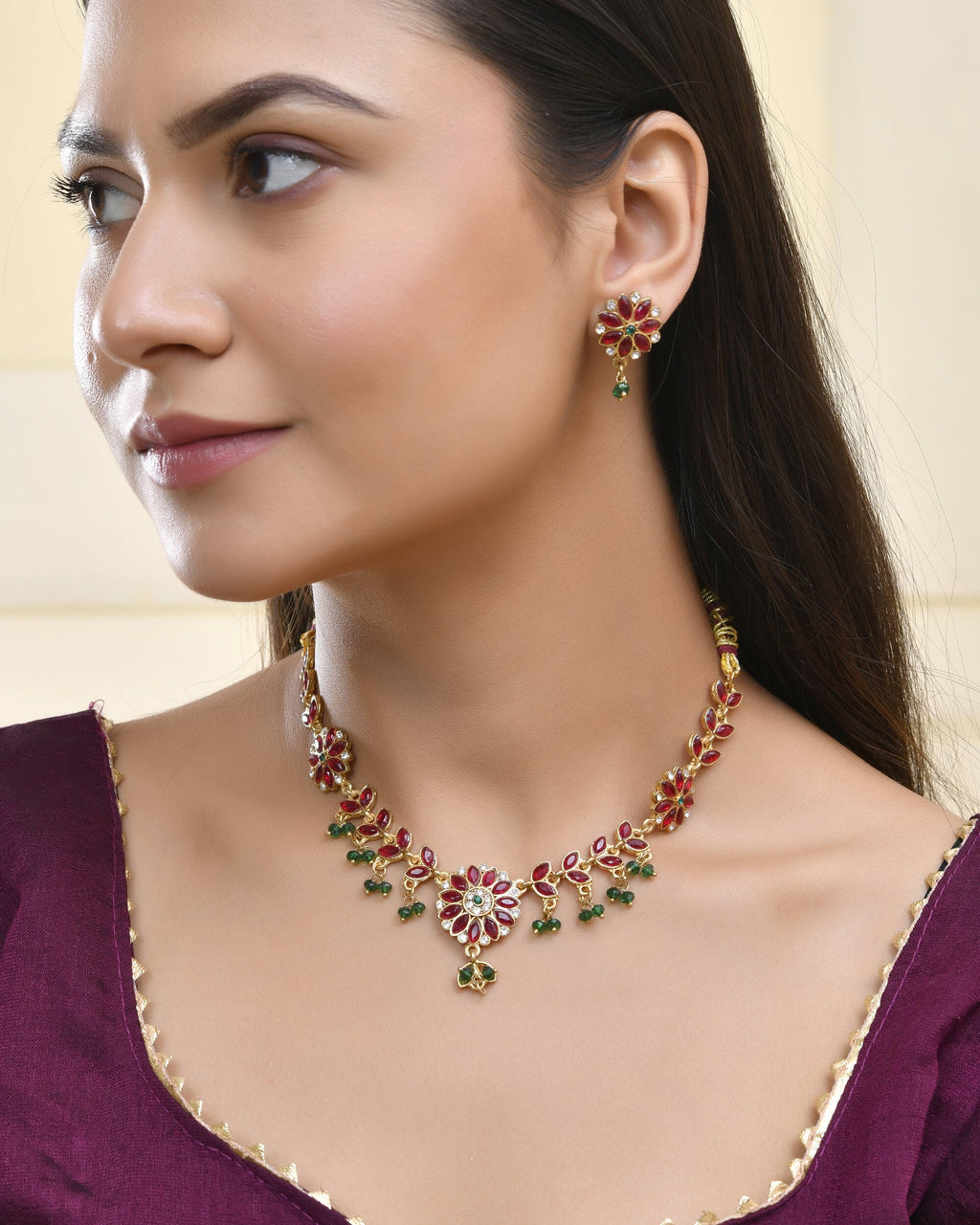 Jewels Nest Traditional Ruby and Emerald Floral Necklace & Earrings Set | Grocsy