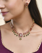 Jewels Nest Traditional Ruby and Emerald Floral Necklace & Earrings Set | Grocsy