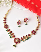 Jewels Nest Traditional Ruby and Emerald Floral Necklace & Earrings Set | Grocsy