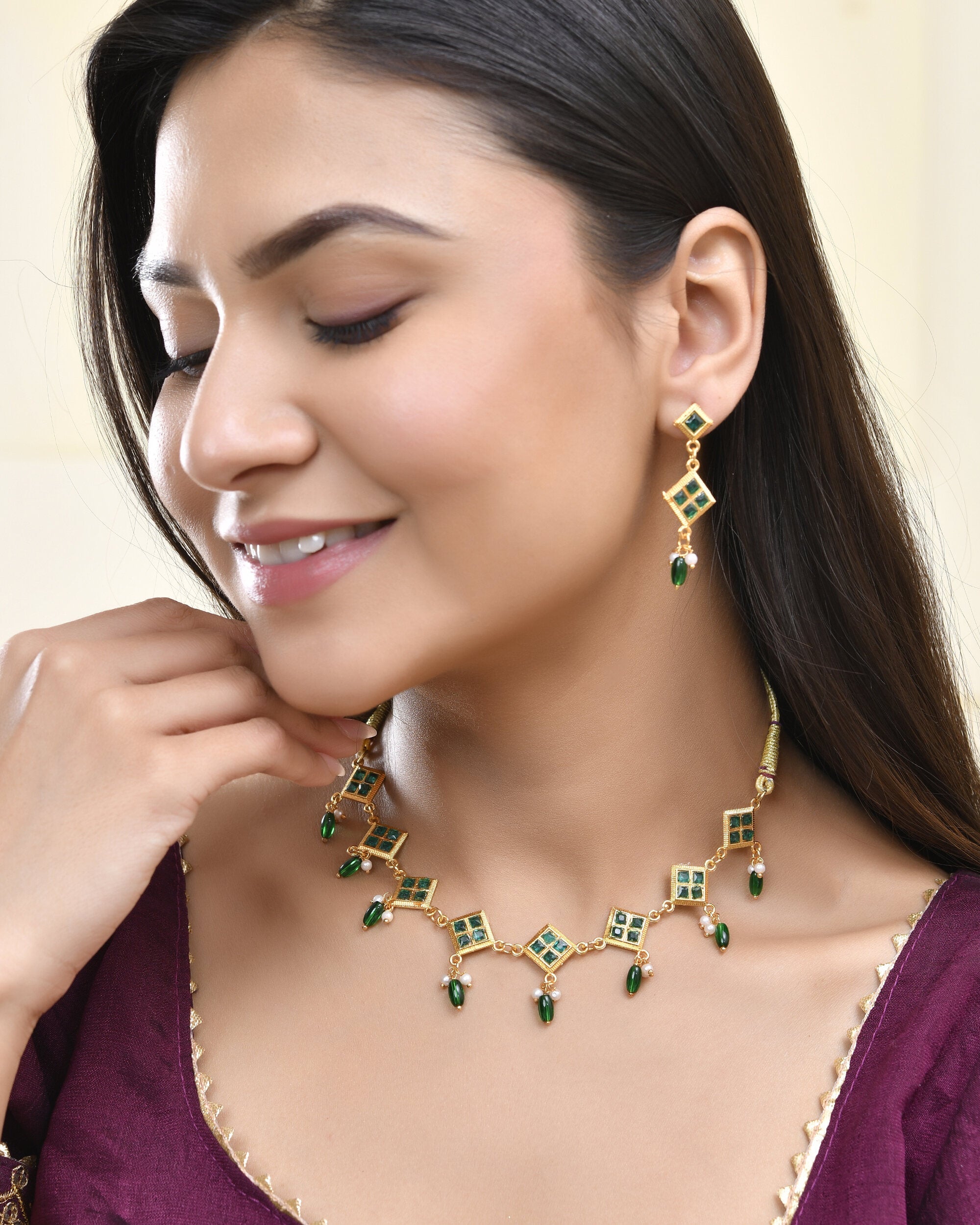 Jewels Nest Elegant Green Square Drop Necklace & Earrings Set | Grocsy